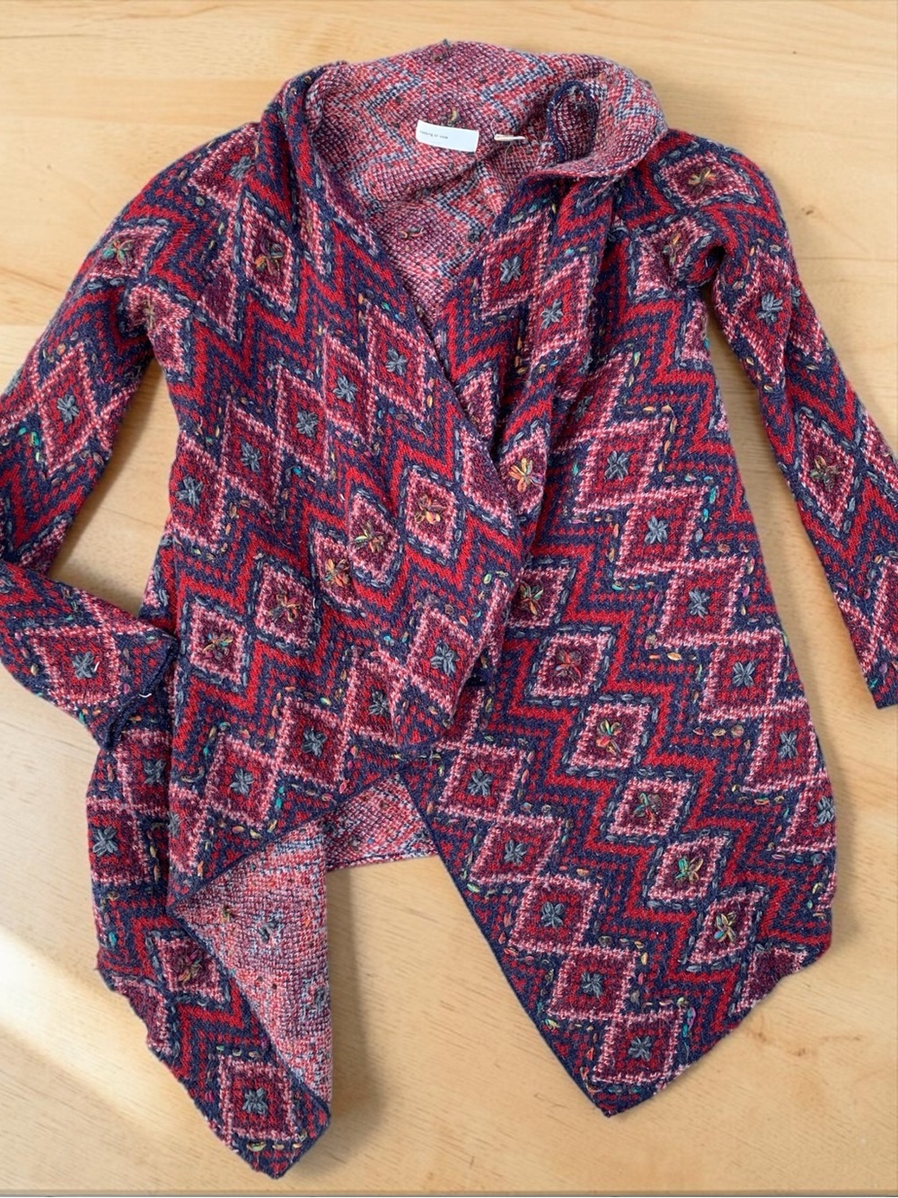 Anthropologie Sleeping on Snow Open Front Wool Knit Cardigan in Red and Navy